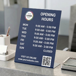 ロゴ入りQRコード付き店舗営業時間表示 - ダークブルー 台座サイン