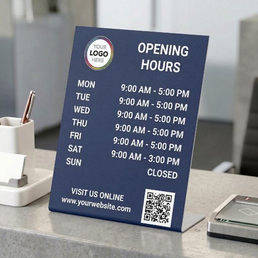 ロゴ入りQRコード付き店舗営業時間表示 - ダークブルー 台座サイン