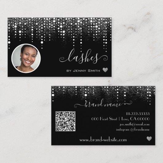 ロゴ写真テンプレートかわいらしシルバーグリッター雨 名刺 (正面/裏面)