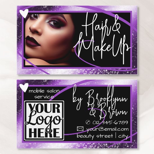 ロゴ写真テンプレートスタイリッシュ薄紫フレームハートLuxe 名刺