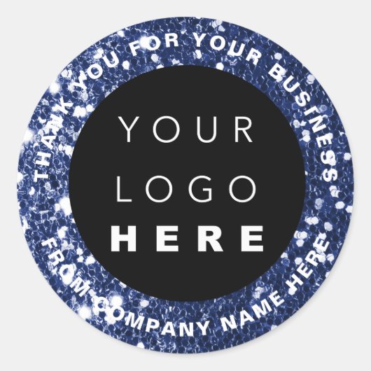 ロゴ名くもの巣サンキューブルーネイビーショップグリッター ラウンドシール (正面)