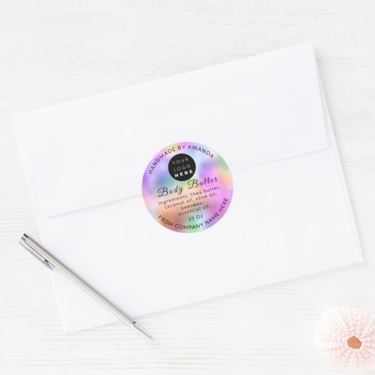 ロゴ名を追加体バター化粧品ホログラフィピンク ラウンドシール (封筒)