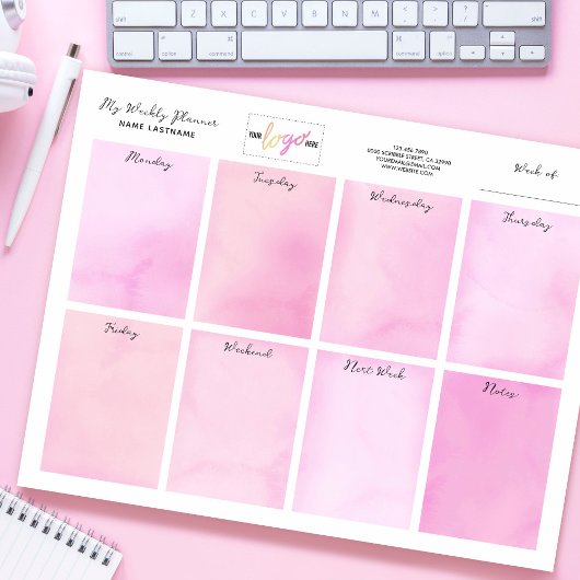 ロゴ名を追加Water color Pink Desk Weeklyプランナー ノートパッド
