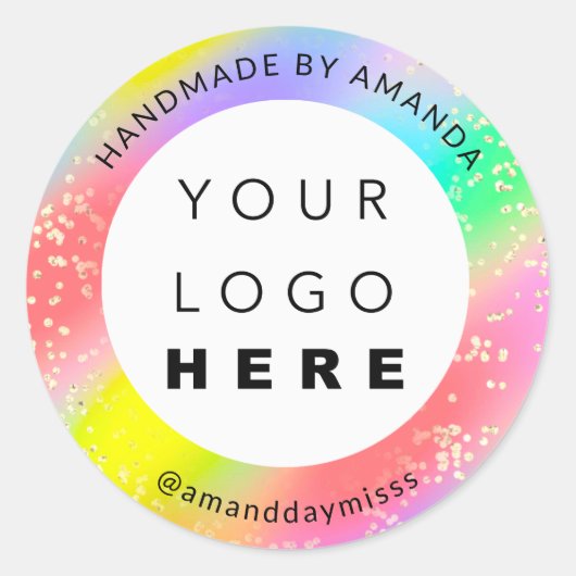 ロゴ名金ゴールド紙吹雪ホログラフィックレインボー ラウンドシール (正面)