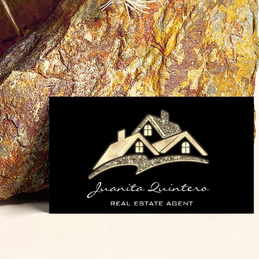 ロゴ実在エステートエージェントプロフェッショナルQRCode金ゴールド 名刺