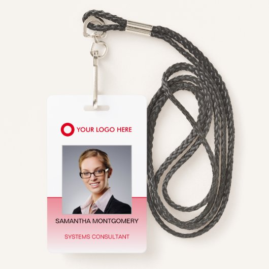 ロゴ従業員の写真名バーコードグラデーション赤ID バッジ (正面ランヤード)