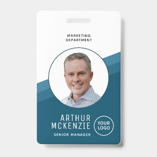 ロゴ従業員フォトブルー会社ID バッジ (正面)