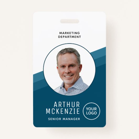 ロゴ従業員フォトブルー会社ID バッジ (正面)