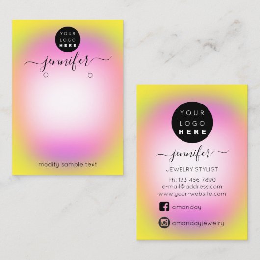 ロゴ手作りジュエリーカードイエローピンク 名刺 (正面/裏面)