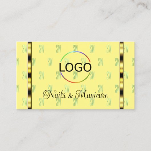 ロゴ文字パターン付き淡い黄色のセージ緑 名刺 (正面)