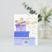 ロゴ紫の青いギフトボックスの追加ビジネス誕生日 シーズンポストカード (スタンド正面)