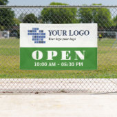 ロゴ緑のオープンビジネスの営業時間 横断幕 (インサイチュ)
