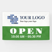 ロゴ緑のオープンビジネスの営業時間 横断幕 (横)
