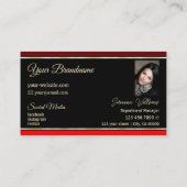 ロゴ縁どと写真付き黒のマルーンレッド 名刺 (裏面)