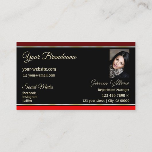 ロゴ縁どと写真付き黒のマルーンレッド 名刺 (裏面)