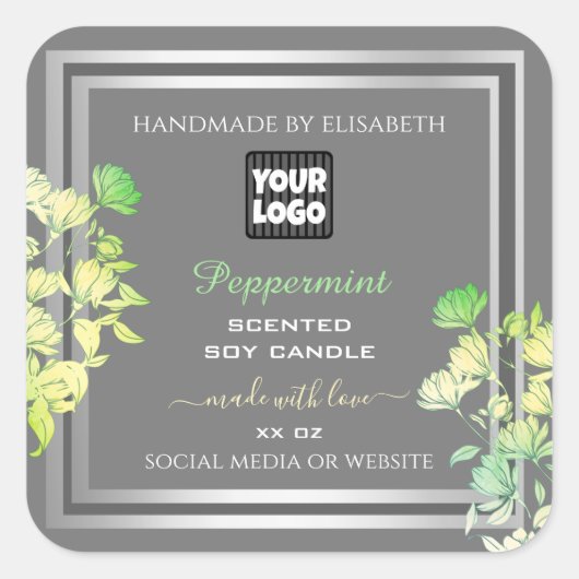 ロゴ製品パッケージングラベルフローラグレーシルバー スクエアシール (正面)