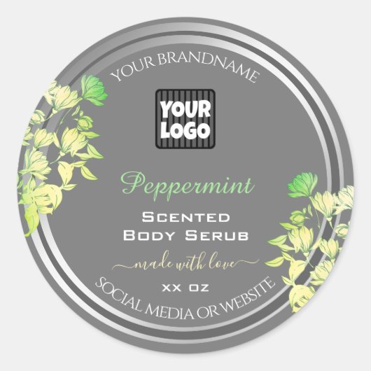 ロゴ製品パッケージングラベルフローラグレーシルバー ラウンドシール (正面)