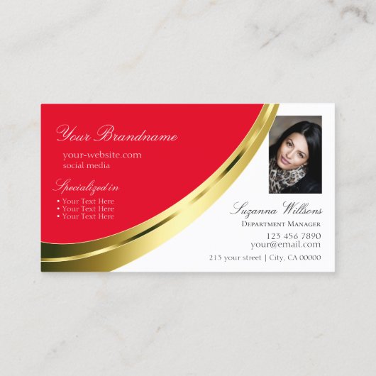 ロゴ赤と白と写真が付いた金ゴールドデコール 名刺 (裏面)