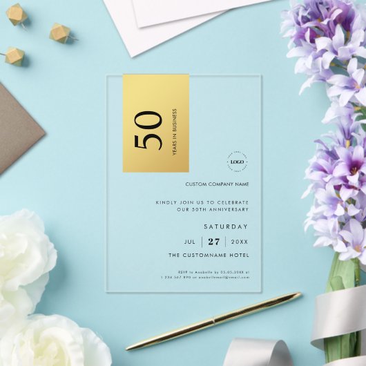 ロゴ金ゴールドカラーブロックビジネス記念日パーティー アクリル招待状 (インサイチュ (ウェディング))