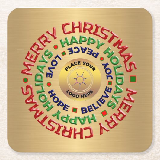 ロゴ金ゴールドビジネスメリークリスマスホリデーカスタム スクエアペーパーコースター (正面)