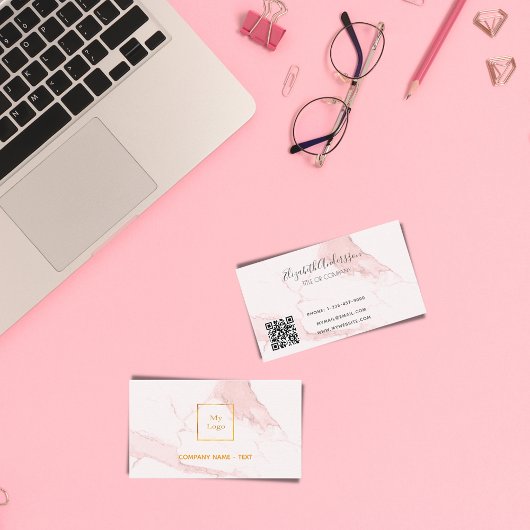 ロゴ金ゴールドピンク大理石ミニマルエレガントリストQRコード 名刺