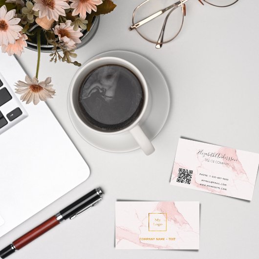 ロゴ金ゴールドピンク大理石ミニマルエレガントリストQRコード 名刺