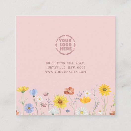 ロゴ、イヤリングワイルドフラワーピンクディスプレイの追加 スクエア名刺 (裏面)