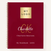 ロゴ バーガンディ ゴールド モノグラム ビジネス ノートブック (正面)