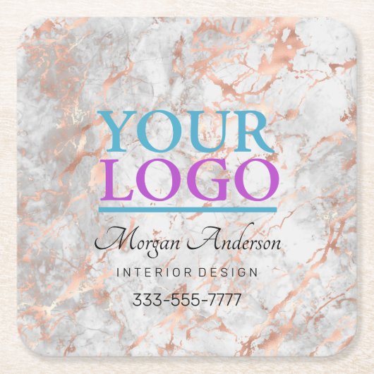 ロゴ、ビジネスの促進、バラ金ゴールド大理石 スクエアペーパーコースター (正面)