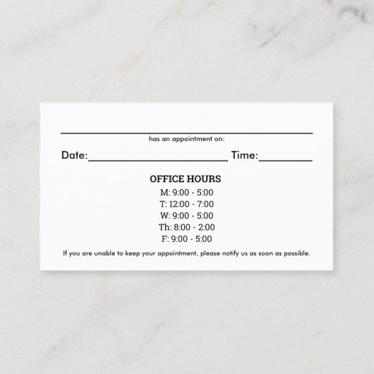 ロゴ/営業時間カイロプラクティックアポイントメントカード 名刺 (裏面)