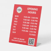 ロゴ + QRコード入りストア営業時間表示 - 赤 台座サイン (正面)