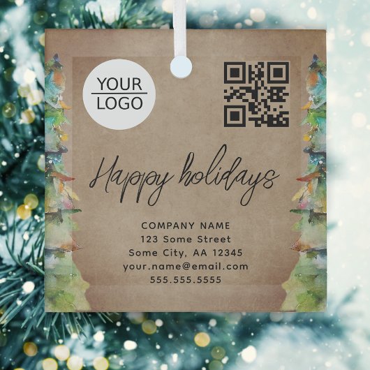 ロゴ QRコード クリスマスツリー 水彩 企業 ガラスオーナメント