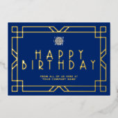 ロゴNavy Blueアールデコビジネス誕生日金ゴールドの追加 箔招待状 (正面)