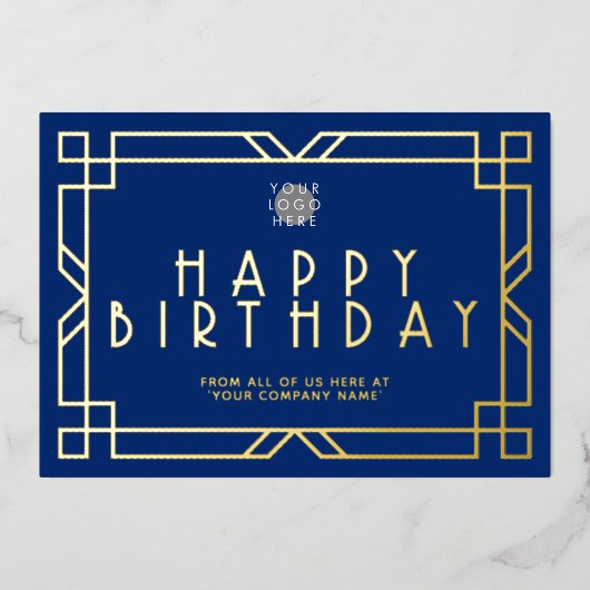ロゴNavy Blueアールデコビジネス誕生日金ゴールドの追加 箔招待状 (正面)