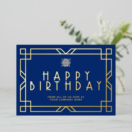 ロゴNavy Blueアールデコビジネス誕生日金ゴールドの追加 箔招待状 (立ち正面)