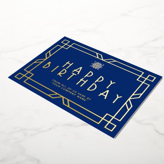 ロゴNavy Blueアールデコビジネス誕生日金ゴールドの追加 箔招待状 (回転した状態)