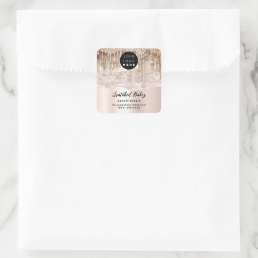 ロゴQRコードありがとうストロークピンクのグリッター滴 スクエアシール (バッグ)