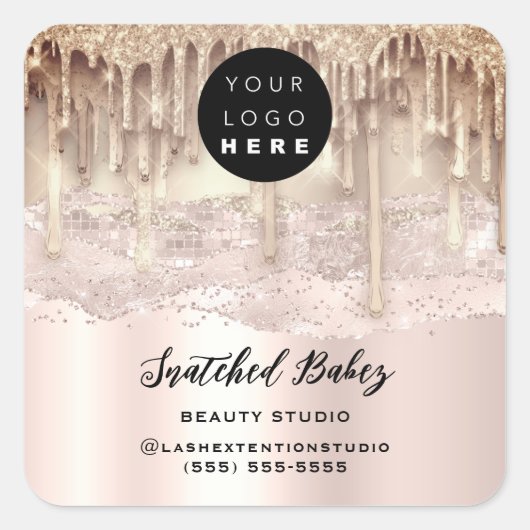 ロゴQRコードありがとうストロークピンクのグリッター滴 スクエアシール (正面)