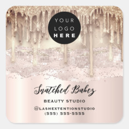 ロゴQRコードありがとうストロークピンクのグリッター滴 スクエアシール