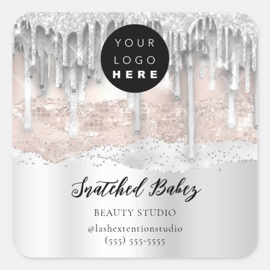 ロゴQRコードありがとうストローク銀滴 スクエアシール (正面)