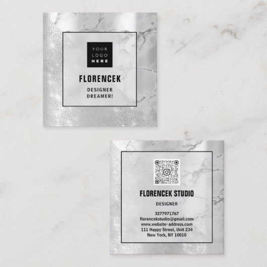 ロゴQRコードショップシルバー大理石ジオメトリ スクエア名刺 (正面/裏面)