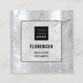 ロゴQRコードショップシルバー大理石ジオメトリ スクエア名刺 (正面)