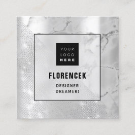 ロゴQRコードショップシルバー大理石ジオメトリ スクエア名刺