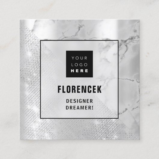ロゴQRコードショップシルバー大理石ジオメトリ スクエア名刺 (正面)