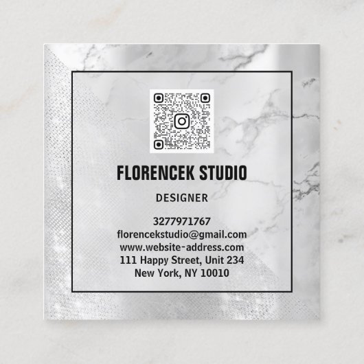 ロゴQRコードショップシルバー大理石ジオメトリ スクエア名刺 (裏面)