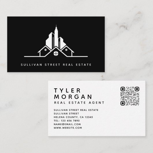 ロゴQRコード不動産エージ実在ェントの追加 名刺 (正面/裏面)