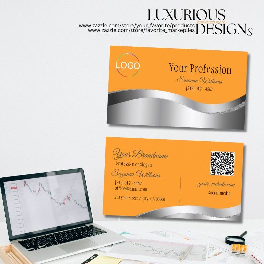 ロゴQRコード付き上品なオレンジ色の波形シルバーデコール 名刺