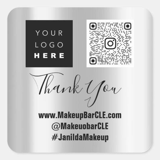 ロゴQRコード名感謝していショッピングくもの巣ソーシャルシルバー スクエアシール (正面)