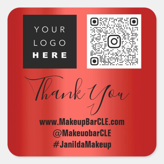 ロゴQRコード名感謝していショッピングくもの巣Social Red スクエアシール (正面)