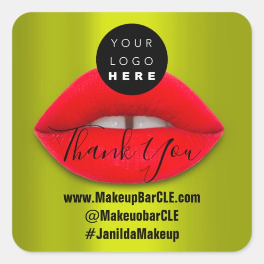 ロゴQRコード名感謝していショッピング赤い唇の緑 スクエアシール (正面)